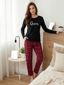 Women's 100% Cotton Letter Print Long Sleeve Top & Plaid Pants Pajama Set, Casual Two Pieces Loungewear Sleepwear Set - Black - View 2