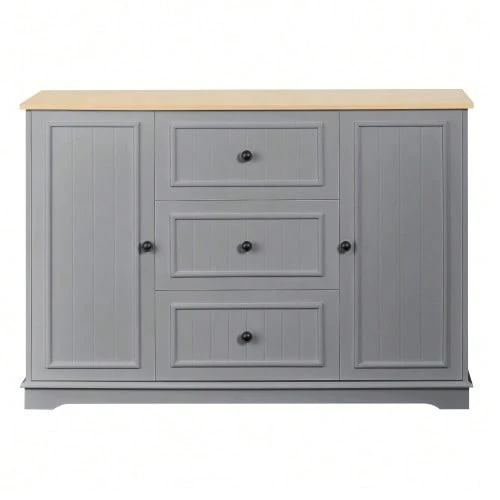Modern And Elegant Sideboard With 3 Drawers And Refrigerator-Style Doors, Buffet Furniture For Dining Room, Living Room And Hallway (Black). - Grey - View 1