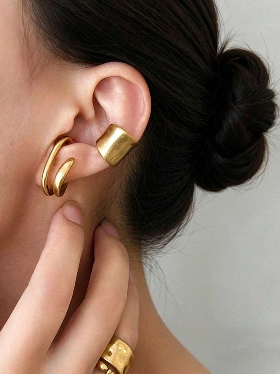 1pc Minimalist Curved Design Fake Ear Cuff Double Hoop Earrings, Women's Jewelry, Punk Chic Ear Cuff Accessory - Gold - View 1