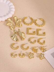 6/18 pièces Ensemble de boucles d'oreilles pour femmes avec design géométrique symétrique floral plaqué or, cadeau de bijoux d'été pour maman et amies - Or jaune - Voir 3