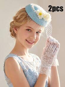 2 peças/Conjunto Chapéu Fascinator de Tule Azul com 3 Flores Pequenas para Meninas Adolescentes + Luvas de Renda Branca, Conjunto de 2 Peças Chapéu Fascinator de Tule, Acessórios de Fotografia de Vestido de Noiva, Acessórios de Cabelo para Decoração de Casamento, Acessórios de Cabine de Fotos de Festa, Acessórios de Casamento, Acessórios de Vestido de Noiva, Acessórios de Cabine de Fotos de Festa - Azul - Visão 3
