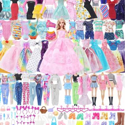 50 piezas Conjunto de ropa y accesorios para muñecas, que incluye 2 vestidos de princesa, 3 faldas, 2 trajes de baño, 2 pantalones cortos, 3 conjuntos casuales, 18 accesorios, 10 perchas, 10 pares de zapatos, adecuado para muñecas de 11.5 pulgadas (muñeca no incluida)