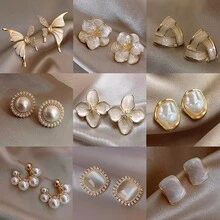 10pcs Luxury Baroque Pearl Earrings, Retro Elegant Earrings For Women, Unique Design Earrings - Gold - View 1
