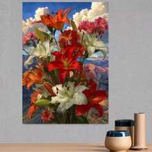 Pintura en lienzo sin marco 2D plana, 2D plana, 2D plana 1 pieza | Ramo de lirios, flores rojas y blancas con colores vibrantes, ideal para la decoración del hogar y la oficina, estilo minimalista y moderno - Enmarcado - Ver 3