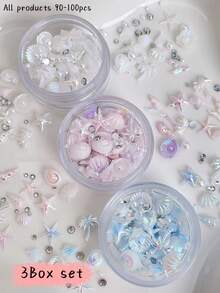 3-Box Set Summer Ocean-Themed Nail Art Decorations, Including Starfish, Seashells, Conches, Palm Trees, Semi-Circle Faux Pearls And Flat Rhinestones, Ideal For Summer Beach Looks - Multicolor - View 8