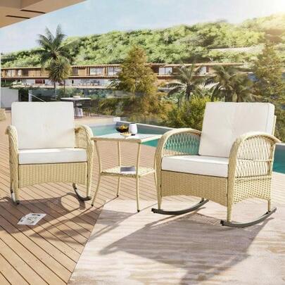 Rattan Balcony Furniture Set (3 Pieces), Balcony Rocking Chair With Beige Cushions, Load Capacity 160 Kg