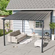 Large, Heavy-Duty Terrace Roof/Veranda Roof/Awning For Balconies, Rain Shelter, Bicycle Port, 4-Pillar Pergola, 284cm Wide X 306cm Deep X 251cm High, Galvanized Steel, Wall-Mounted, Wind-Resistant, Snow-Resistant, 100% UV Protection, Multi-Functional, Hardtop, Sunshade, Garage, Backyard, Outdoor, Assembly Required, 2-Package Delivery. - 10*10FT - Xem 12