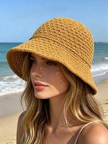 1pc Women's Crochet Wide Brim Foldable Straw Hat, Minimalist & Versatile, Suitable For Summer Beach Vacation - Straw Hat - View 6