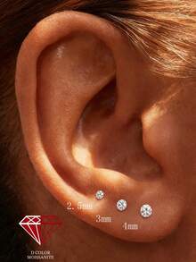 1pc D Color Moissanite 18K Gold Plated S925 Sterling Silver Round Flat Back Stud 2.5/3/4mm For Lobe Helix Piercing Holiday Gift Women Fine Ear Jewelry - Silver - View 2