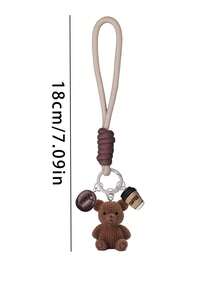 Cute Brown Bear Keychain With Coffee Cup Pendant, Resin 3D Bear Keychain With Coffee Bean Pendant, Bohemian Style Woven Lanyard Keychain Suitable For Women And Coffee Lovers, Mini Resin Bag Charm, Women's Fashion Accessory, Home Keychain, Bag Decoration, Earphone Charm, Phone Case Charm, Car Keychain, Back To School Gift, Suitable For Handbag/Backpack/Laptop Decoration And Keychain Accessories, Holiday Gift, Birthday Gift - Multicolor - View 3