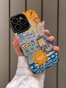 1pc Minimalist Personalized Sunset Tropical Collage Pattern Vertical Faux Leather Texture Classic Anti-Slip Anti-Drop Soft Phone Case, Suitable As Gift For Friends And Lovers, Compatible With Apple And Phones 17/17AIR/17PRO/17PROMAX - Multicolor - View 3