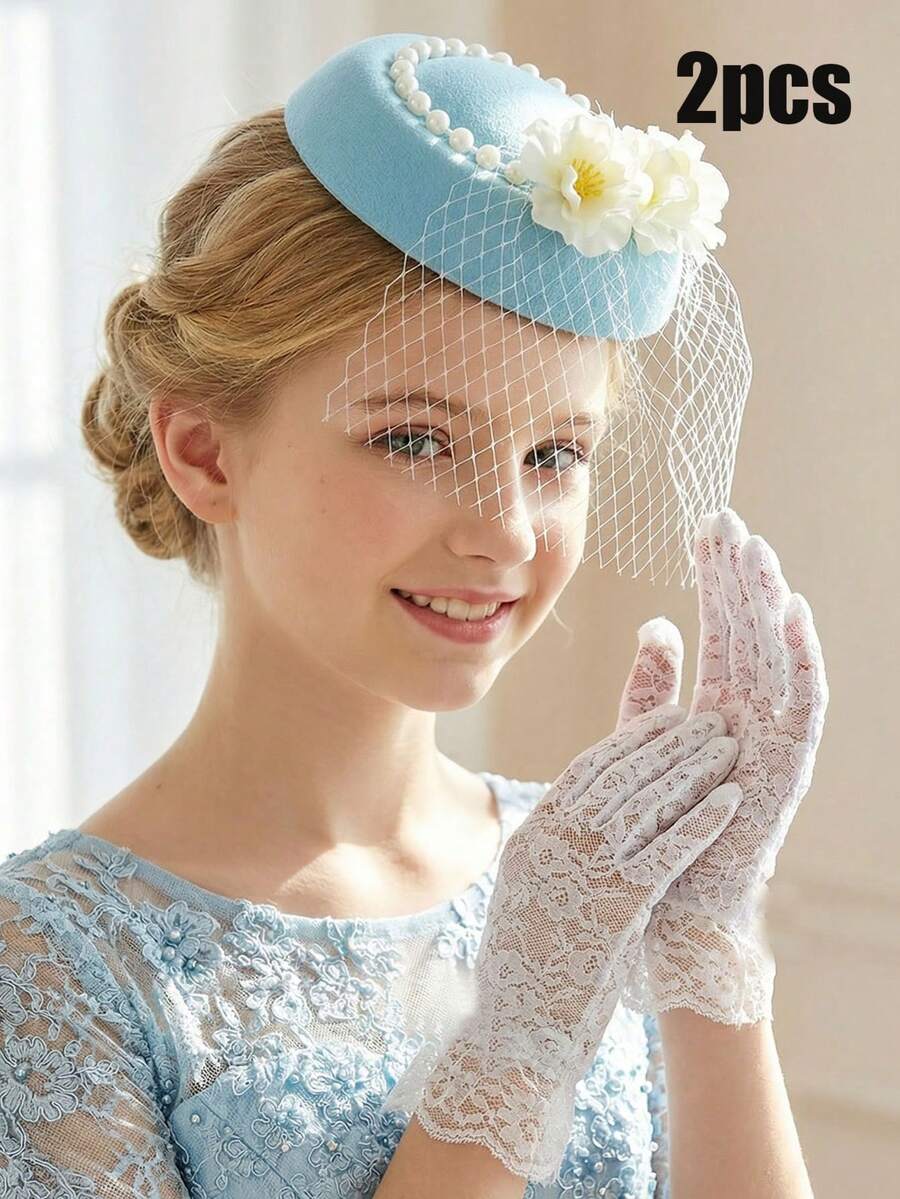 2 peças/Conjunto Chapéu Fascinator de Tule Azul com 3 Flores Pequenas para Meninas Adolescentes + Luvas de Renda Branca, Conjunto de 2 Peças Chapéu Fascinator de Tule, Acessórios de Fotografia de Vestido de Noiva, Acessórios de Cabelo para Decoração de Casamento, Acessórios de Cabine de Fotos de Festa, Acessórios de Casamento, Acessórios de Vestido de Noiva, Acessórios de Cabine de Fotos de Festa - Azul - Visão 1