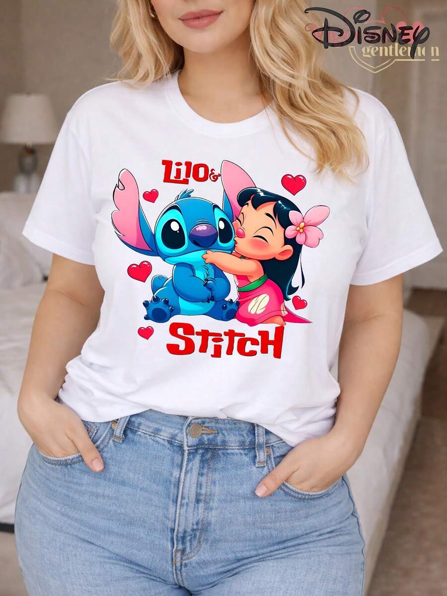 Disney Official Licensed | Lilo & Stitch Kiss Print Women's Crew Neck Short Sleeve T-Shirt - Warm & Heartwarming Style, Soft Breathable Fabric, Crew Neck, Ideal For Vacation, Travel & Daily Casual Wear - 白色 - 查看 1
