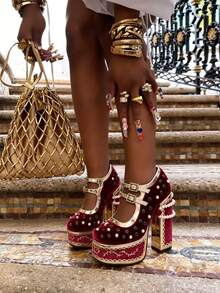 Fashion Women Platform Mary Jane Shoes Cross Strap High Chunky Heels Pumps Shoes Elegant With Pearl Ankle Chain Rhinestone Studded Strap Buckle Shoes For Wedding And Party - 紅色 - 查看 1