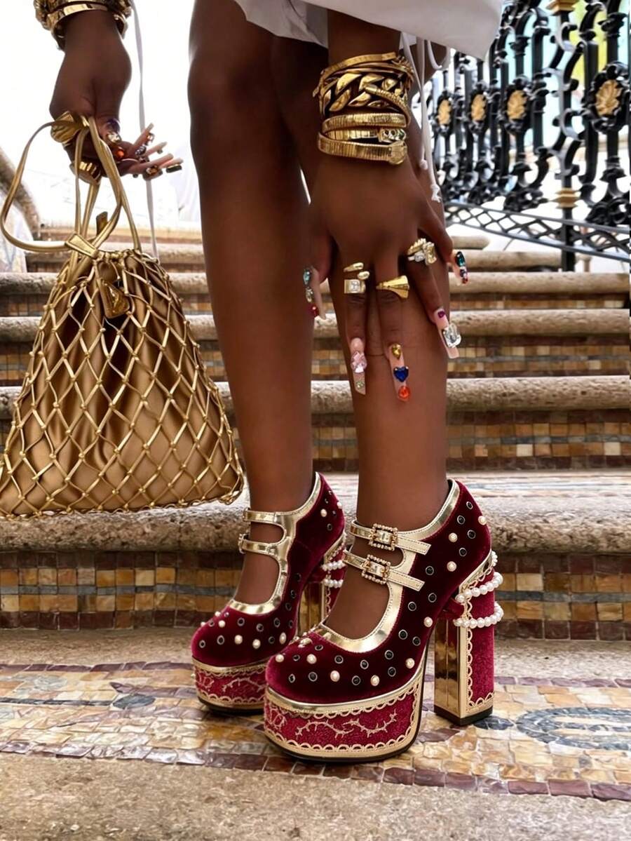 Fashion Women Platform Mary Jane Shoes Cross Strap High Chunky Heels Pumps Shoes Elegant With Pearl Ankle Chain Rhinestone Studded Strap Buckle Shoes For Wedding And Party - 紅色 - 查看 1
