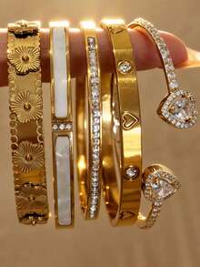 Bộ 5 vòng tay bằng thép không gỉ mạ vàng 18K hình trái tim đính đá, vòng tay hở đính đá zirconia nhân tạo, bộ vòng tay thời trang dành cho nữ, thích hợp đeo hàng ngày, quà tặng ngày lễ. - Vàng - Xem 12