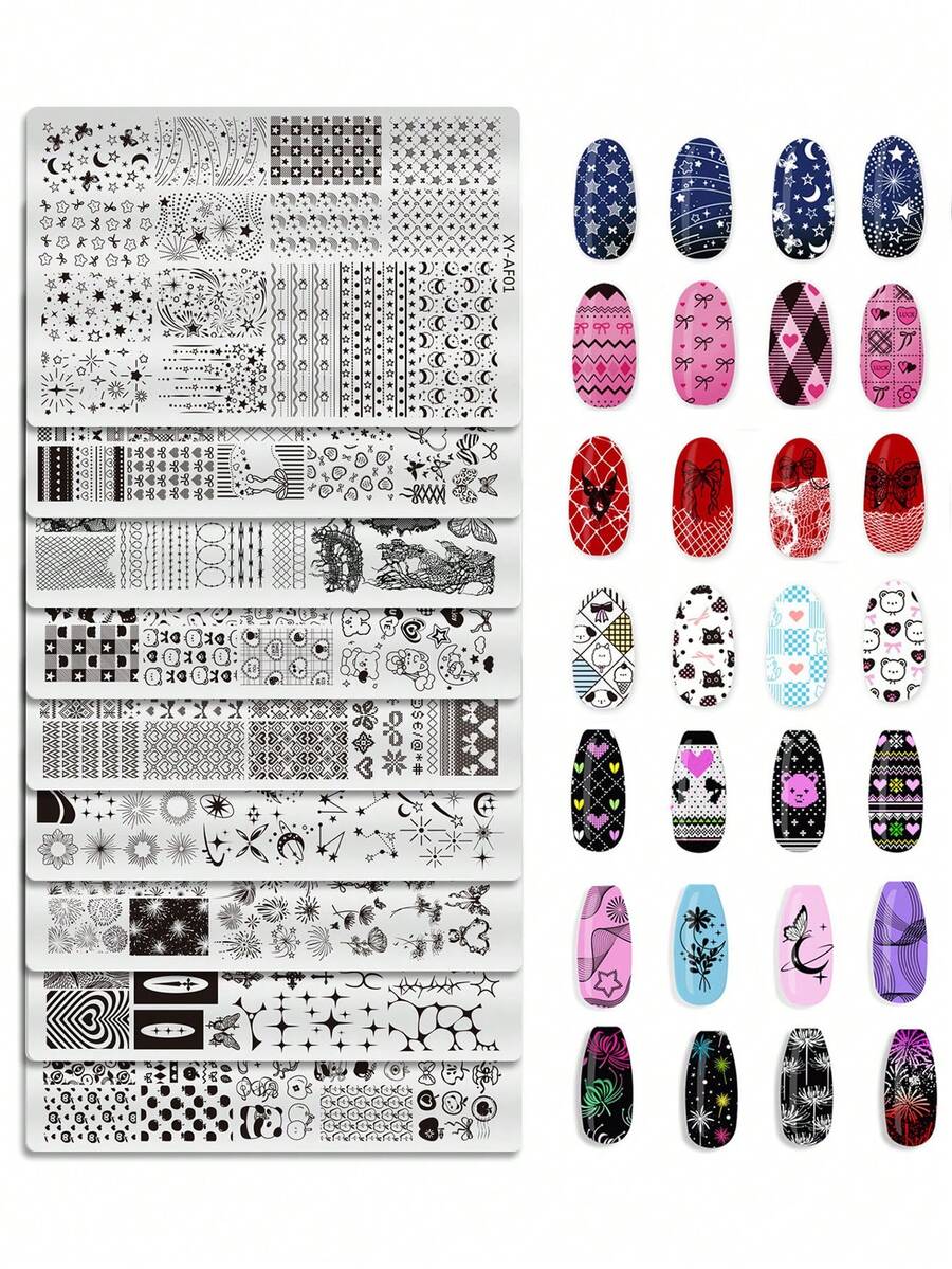 Nail Art Stamping Plate With Striped, Crescent Moon, And Floral Patterns