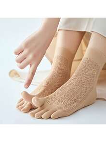 2 Pairs Women's Breathable Mesh Five Finger Socks, Thin Moisture-Wicking Mid-Calf Socks For Spring/Summer - Multicolor - View 10