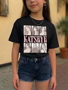 Girl's Clothing, KATSEYE English Street Pattern Printed T-Shirt - Casual Round Neck, Short Sleeved, Washable - Spring/Summer/Autumn, Fashionable, Streetwear - 黑色 - 查看 2
