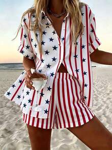 A Casual-Style Short-Sleeve Shirt And Shorts Set For Ladies, Fresh And Neat, Made Of Breathable Knit Fabric, Simple And Decent, Ideal For Gifting To A Best Friend, Perfect For Beach Outings In Summer, With Red-White-Blue Star-And-Stripe Prints On White Base - Nhiều màu - Xem 2
