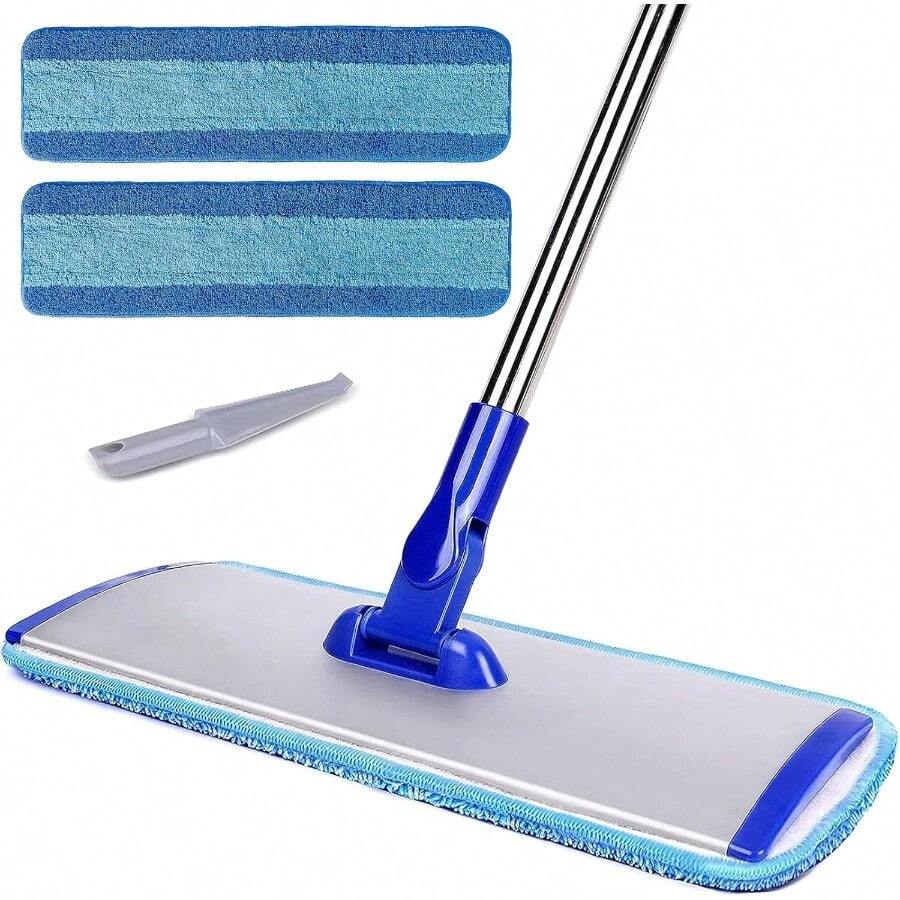 Professional 18" Microfiber Mop - Flat Mop With Stainless Steel Handle, 2 Reusable Washable Pads, Hardwood & Laminate (Blue) - Default - View 1