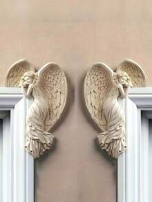 1 pieza Escultura de marco de puerta con alas de ángel de resina vintage, decoración de rincón en relieve 3D, decoración del hogar romántica, adecuada para sala de estar y dormitorio, regalo perfecto para confort y conmemoración - Múltiples estilos - Ver 3