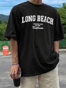 Estudio Simple| Camiseta casual de cuello redondo con estampado de letras para hombre en verano - Negro - Ver 4
