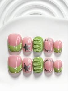 Bộ 10 móng tay nghệ thuật thủ công phong cách mùa hè, bao gồm móng gel, chấm bi, sọc, trang trí ngôi sao, sơn móng tay xanh và hồng, tinh tế và thời trang, đi kèm dụng cụ làm móng (1 miếng dán thạch + 1 dũa móng), 3 kích cỡ: móng vuông, móng vuông ngắn, móng hạnh nhân, phù hợp cho tiệc tùng, hàng ngày, tụ tập, chụp ảnh, đi làm mùa xuân và mùa hè - Nhiều màu - Xem 12