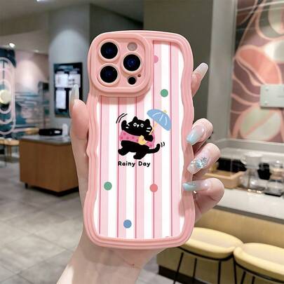 1 st sött TPU-material svart katt rosa & vitt randigt vågmönster tjockt stötsäkert telefonskal med precisa utskärningar och linsskydd, lämplig för iPhone 17/17 Pro/17 Pro Max/17 Air/16/11/16 Pro/16 Pro Max/15 Pro Max/13/14/12/11, modernt och lämpligt för både män och kvinnor