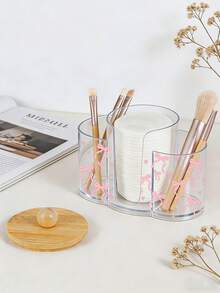 Caja de almacenamiento de plástico transparente con tapa de bambú con diseño de lazo rosa en 3 en 1, organizador de maquillaje de escritorio con tres agujeros redondos, caja de almacenamiento de cosméticos transparente con tres compartimentos - Caja de almacenamiento de tocador moderno con tapa, ideas de regalo para mujeres - Multicolor - Ver 5