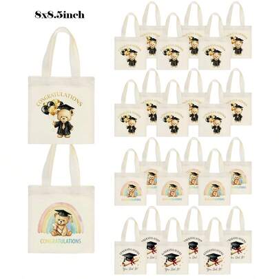 5/10/20pcs School Graduation Theme Natural Color Canvas Tote Bags (8x8.5inch), Reusable Canvas Gift Bags, Graduation Party Favors, Memento Storage Bags, Graduation Ceremony Decor Essentials, Suitable For Cosmetics, Flowers, Snacks, Small Gifts, Memento Storage, Small Group Events, Graduation Celebration, Graduation Congratulation Gifts, Gifts For Classmates And Friends, Certificate And Document Storage