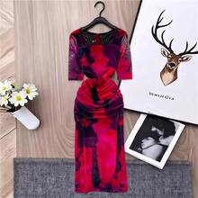 YuooMuoo Vestido de fiesta de malla estampado para mujer, de moda, de verano, de dos capas, de manga corta, ajustado, midi, estilo urbano, atuendos para mujer - Negro - Ver 1