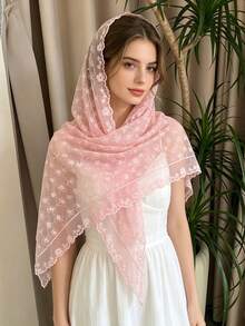 1 pieza Chal/Bufanda de encaje de malla bordada con flores de unicolor - S55885 - Rosa - Ver 4