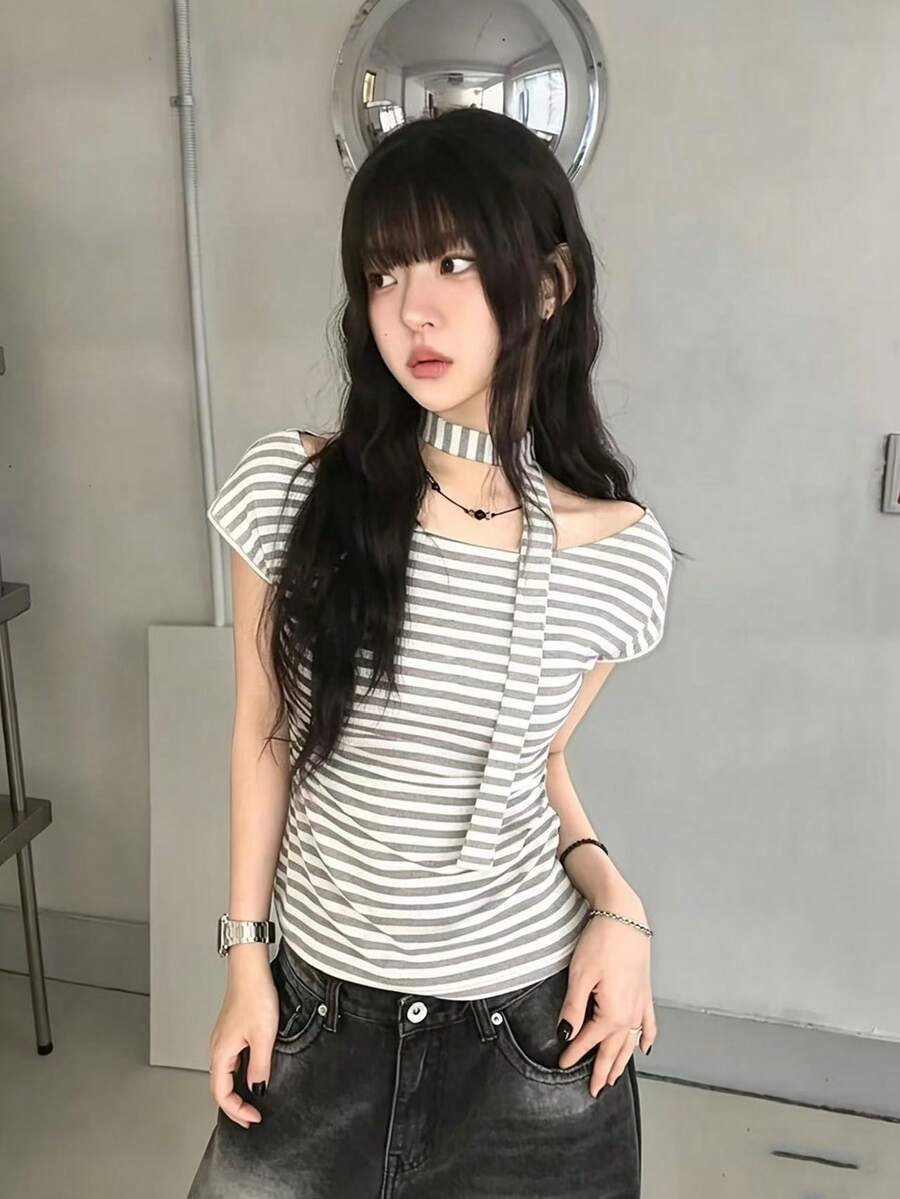 2026早春新款系带露肩条纹短袖T恤,修身时尚露脐女式上衣 - 灰白條紋 - 查看 1