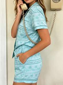 Womens Summer Pajamas Set Coconut Tree Print Button Down Short Sleeve Tops With Shorts Lounge Wear 2 Pcs Set - 藍色 - 查看 3
