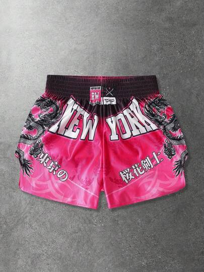Pantalones cortos de boxeo Muay Thai con estampado de espada, flor de cerezo de Nueva York y dragón, contraste negro y rosa, pantalones cortos deportivos de verano de 5 pulgadas para hombres