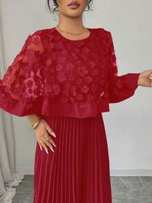 Vestido con decoración floral elegante y bajo plisado, adecuado para bodas, fiestas de cumpleaños y otras ocasiones, otoño - Rojo - Ver 6