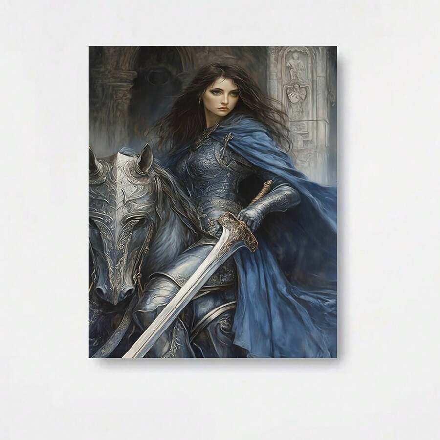 []1 pieza, Pintura en lienzo - Sin marco, Caballero femenino con capa azul cabalgando, Decoración de pared para dormitorio, sala de estar, cocina, oficina, café, bar, dormitorio, pósteres de arte para pasillos, ideal para cumpleaños y regalos únicos para días festivos - Enmarcado - Ver 1