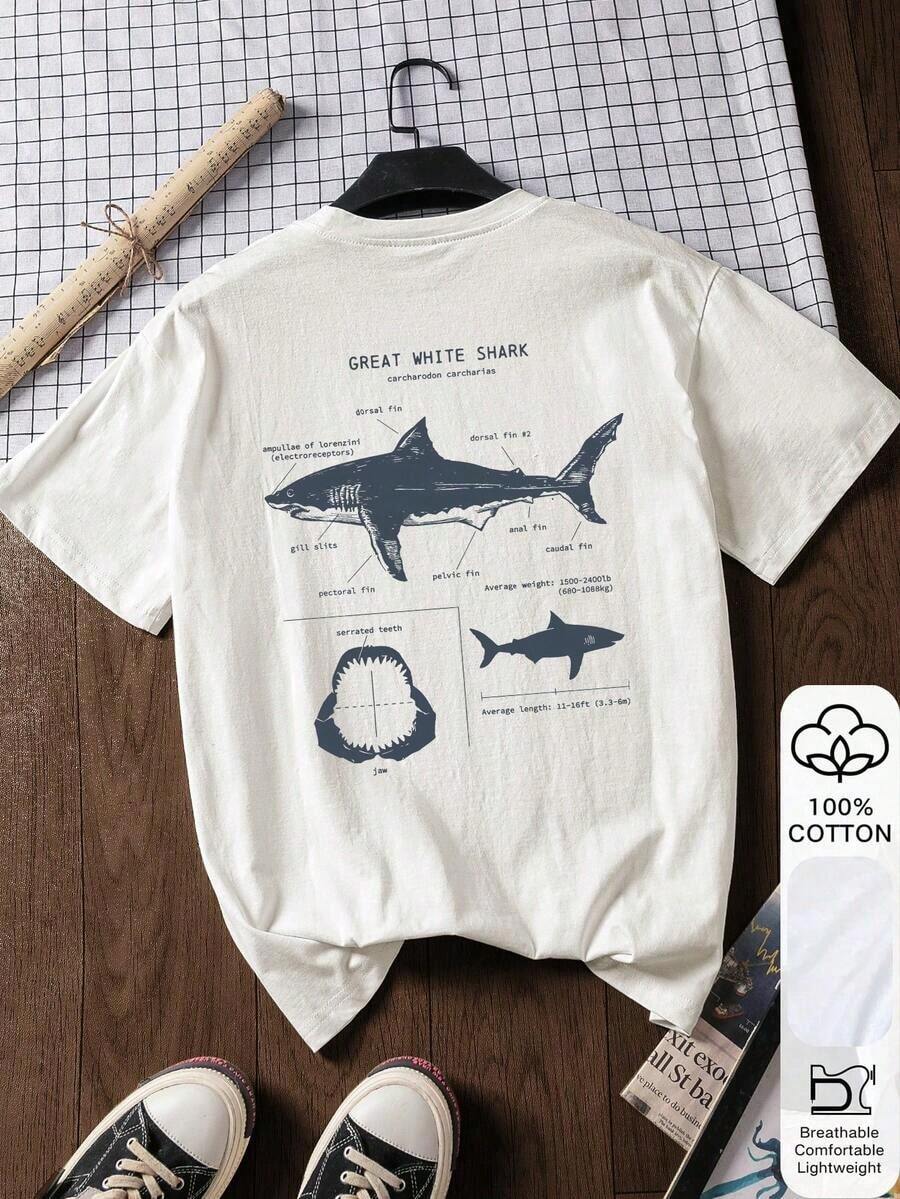 Camiseta de manga corta con estampado de tiburón, camiseta de manga corta 100% algodón para mujer de verano, camiseta blanca de manga corta, camiseta estampada, ropa de verano blanca, ropa casual de verano, camiseta de algodón puro, ropa para la vuelta al cole, inspiración para atuendos universitarios, artículos esenciales para la vuelta al cole, atuendo para el primer día de clases, atuendo de ocio para la vuelta al cole 2026. - Blanco - Ver 1