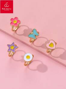 Bộ 5 chiếc nhẫn trẻ em hình hoạt hình dễ thương chủ đề hoa sứ, trái tim, bướm, ngôi sao năm cánh, men tráng men, có thể điều chỉnh kích cỡ, thích hợp đeo hàng ngày, làm quà tặng và trong các dịp lễ hội. - Nhiều màu - Xem 6