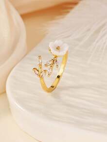 Anillo de flor y hoja con circonita cúbica y resina blanca, anillo ajustable abierto chapado en oro de 18k, joyería de moda para uso diario, boda, fiesta, regalo de vacaciones - 1 - Ver 5
