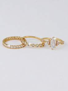 3pcs Set Cubic Zirconia Inlaid Fashionable Sparkling Rings, Suitable For Women's Daily, Dating, Party, Stacking - Yellow Gold - View 4