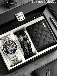 3-Piece Stylish Hardcore Men's Watch Set, Including Black Dial Square Quartz Watch, Lion Head Silver & Black Beaded Bracelet, And Black Geometric Pattern Leather Wallet Strap. The Watch Features A Minimalist Scale Design, With A Steady And Rugged Style That Exudes Masculine Charm. - Silver - View 7