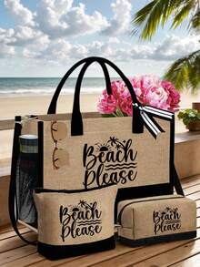 女士沙滩手提包套装，印有“Beach Please”字样和波浪图案，大容量手提包内含两个化妆包。可重复使用的轻便购物袋、迷你零钱包、多功能收纳袋，适合周末度假、工作、日常使用、春夏海滩假期、户外婚礼、生日、节日等场合，是送给女士、母亲、朋友、伴娘、学生和毕业季的绝佳礼物，也是夏季日常必备单品。 - 彩色 - 查看 4