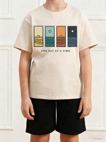 Kaos Lengan Pendek Bergambar untuk Anak Laki-Laki Remaja, Atasan Kasual Musim Panas untuk Pelajar dan Remaja - Aprikot - View 3