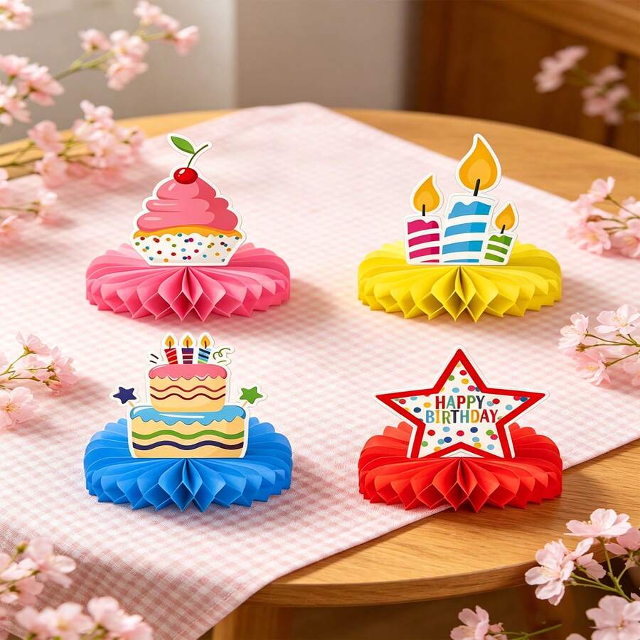 4 件套生日装饰品，生日快乐装饰品和餐桌中心装饰品，适合青少年派对，色彩缤纷的蜂窝状餐桌装饰品，适用于生日派对 - 蜂窩擺飾 - 查看 1