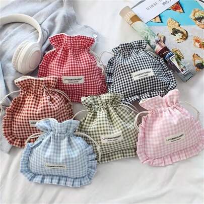 Túi dây rút kẻ caro mới, túi đựng đồ ren nhỏ gọn, túi đựng đồ vệ sinh cá nhân đa năng di động, túi đựng cọ trang điểm.