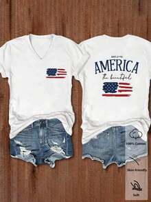 Women's Casual Summer T-Shirt, Cotton, Short Sleeve, With Letter And American Flag Print, V-Neck, Suitable For Casual Daily Wear - 白色 - 查看 5