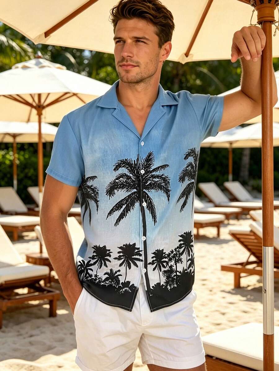 Men's Summer Casual Linen Beach Holiday Cuban Collar Short Sleeve Printed Shirt - Blue - View 1
