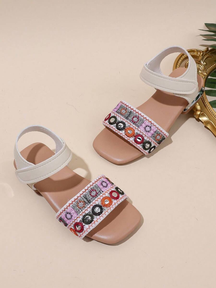 1 par de sandalias bordadas con rhinestones para niñas 2026, con parte superior de piel sintética, correa de tobillo, tacón bajo de bloque, estilo bohemio casual, adecuadas para uso diario casual y al aire libre en verano - Multicolor - Ver 1